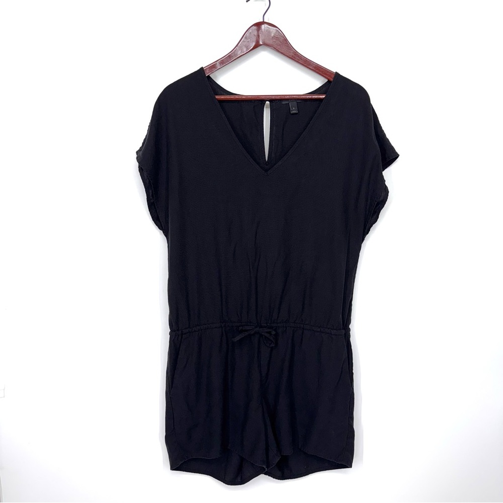 J. Crew Solid Black Short Sleeve V-Neck Linen Blend Romper With Waist Tie